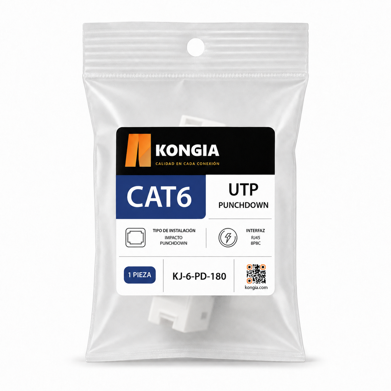 Módulo Jack Keystone CAT6 Punchdown, con Terminación en Ángulo 180° tipo 110, Color Blanco