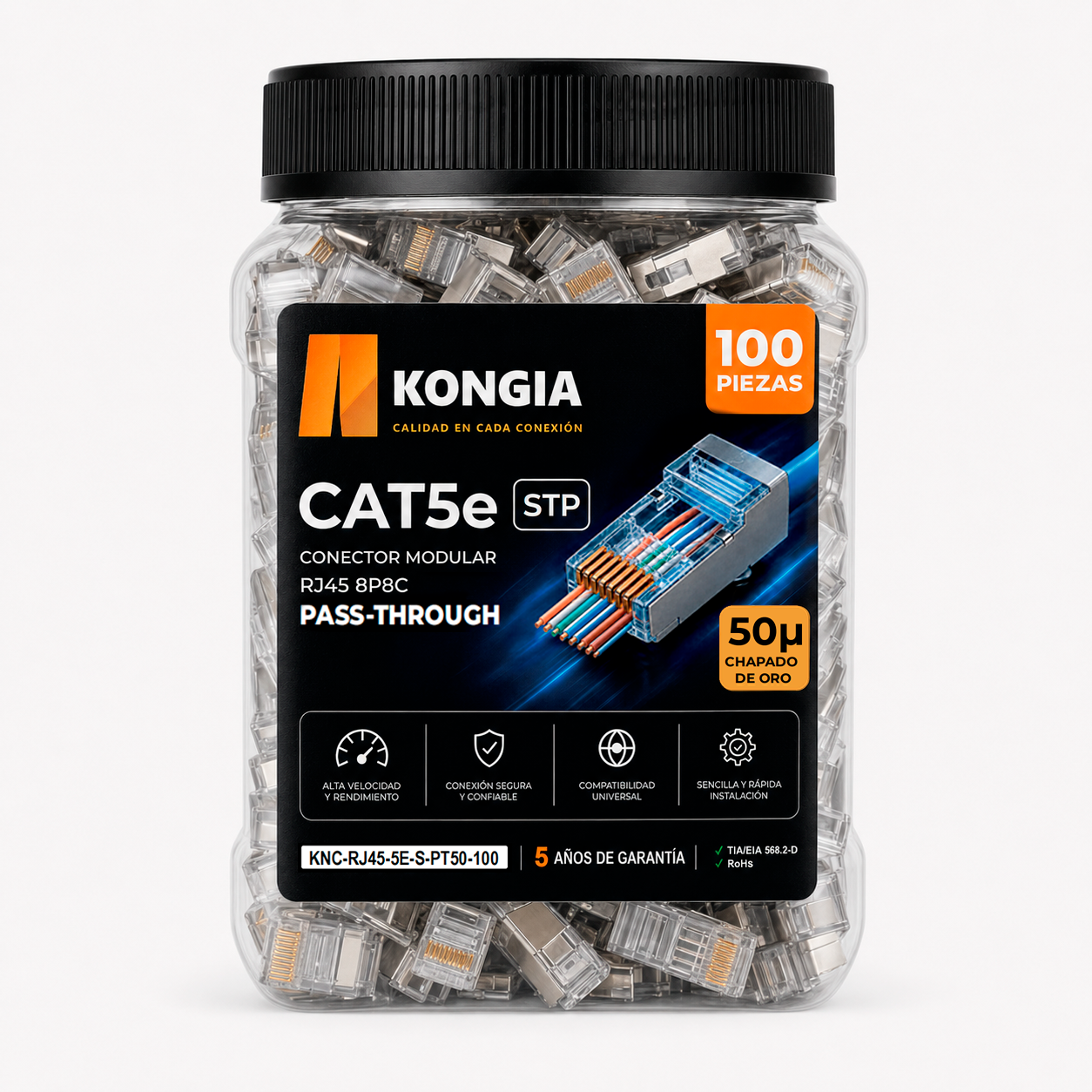 Bote con 100 piezas de conector modular RJ45 CAT5e STP Pass Through, Chapado de oro a 50 micras