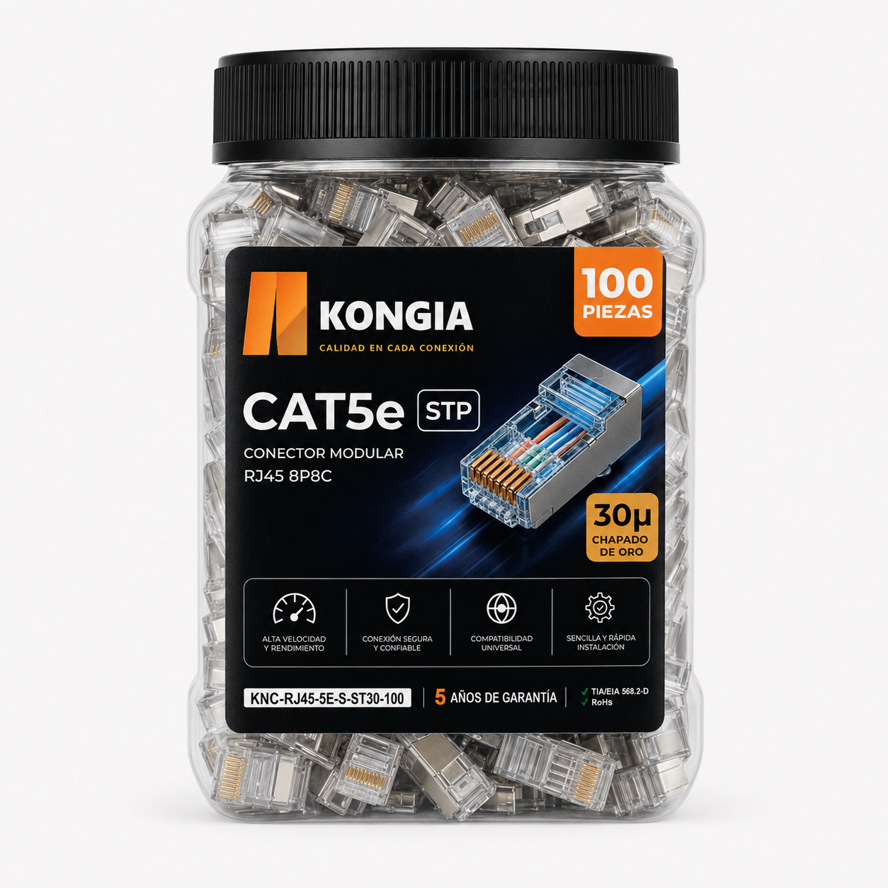 Bote con 100 piezas de conector modular RJ45 CAT5e STP, Chapado de oro a 30 micras