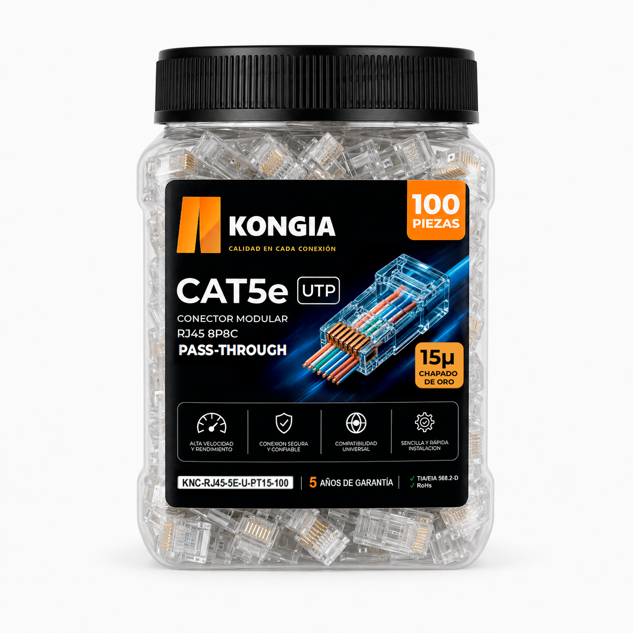Bote con 100 piezas de conector modular RJ45 CAT5e UTP Pass Through, Chapado de oro a 15 micras