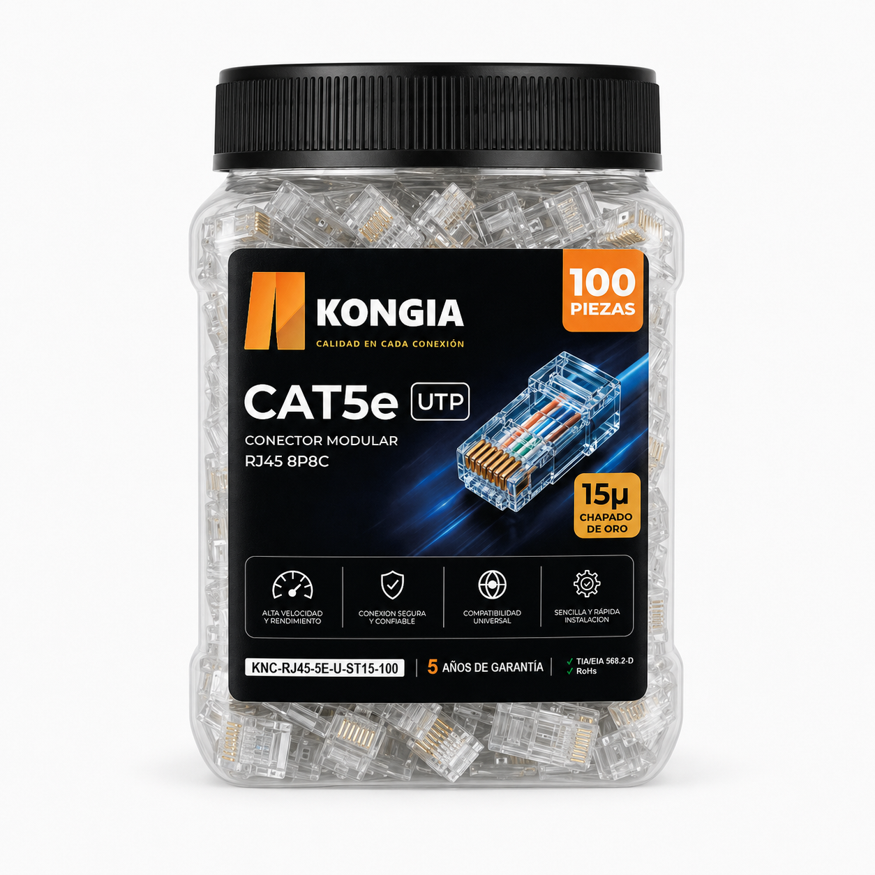 Bote con 100 piezas de conector modular RJ45 CAT5e UTP, Chapado de oro a 15 micras