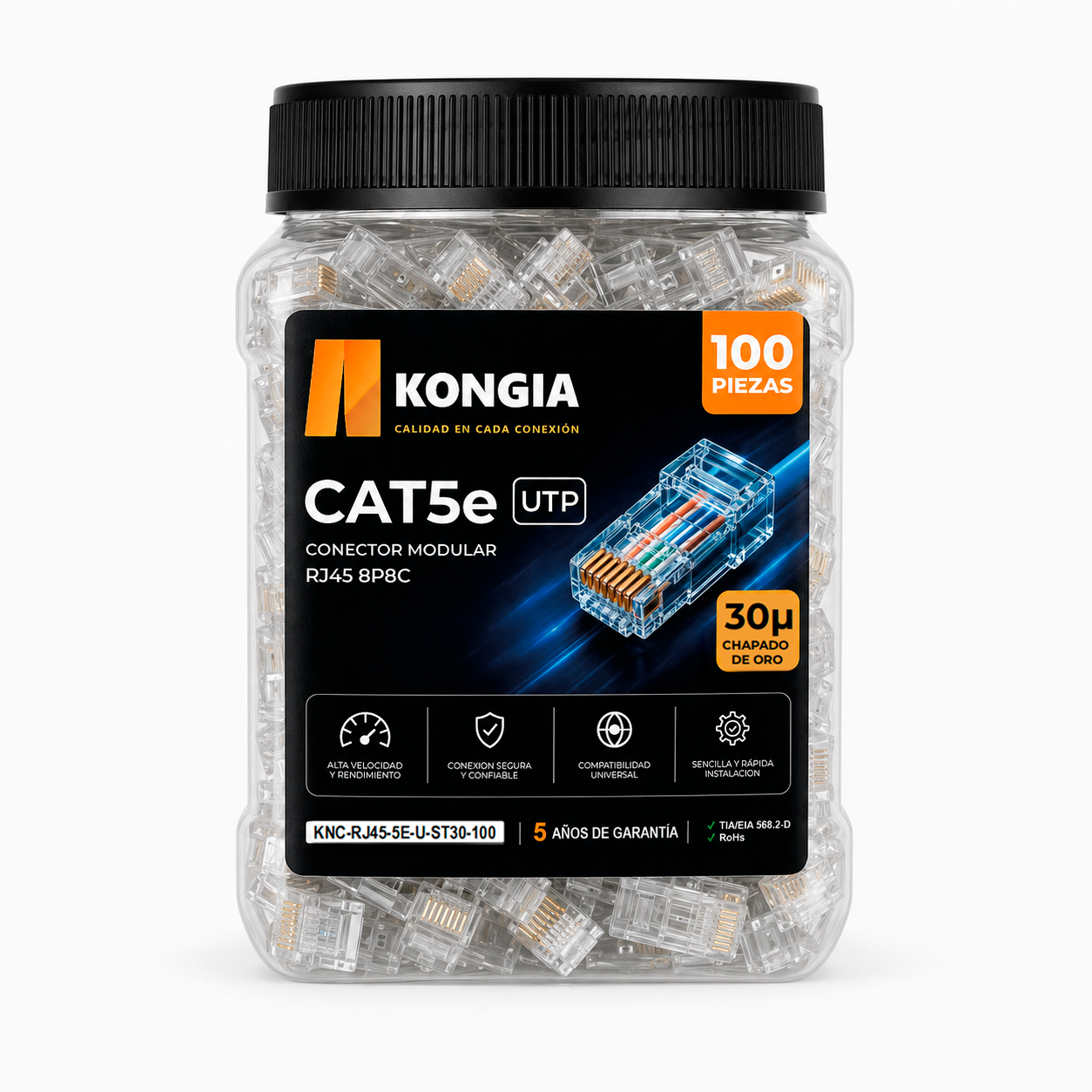 Bote con 100 piezas de conector modular RJ45 CAT5e UTP, Chapado de oro a 30 micras