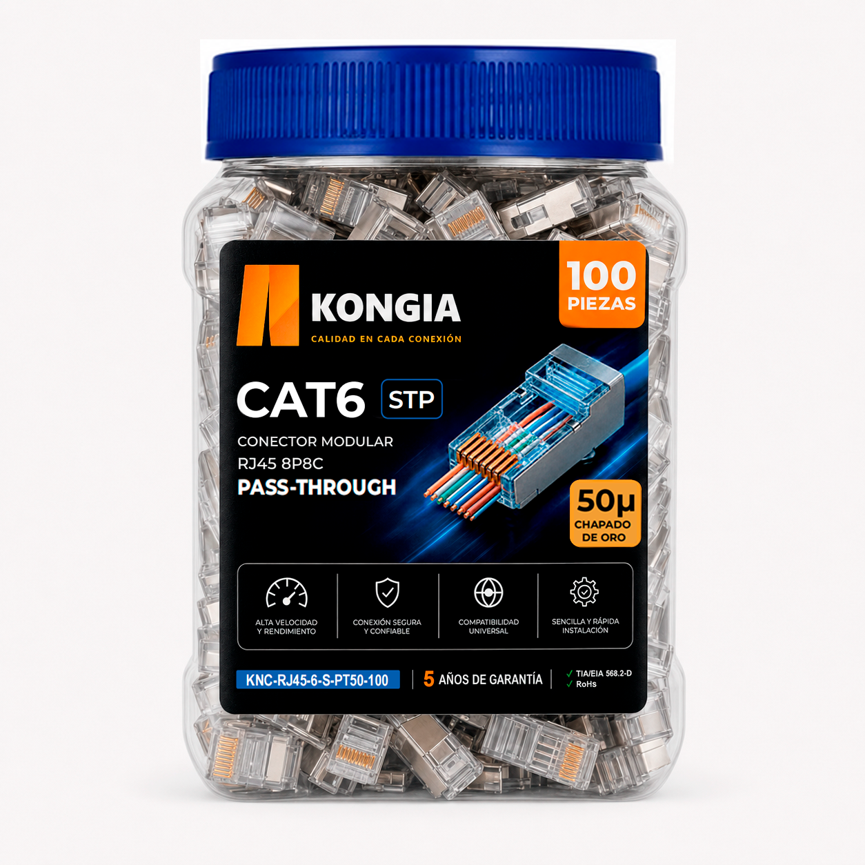 Bote con 100 piezas de conector modular RJ45 CAT6 STP Pass Through, Chapado de oro a 50 micras