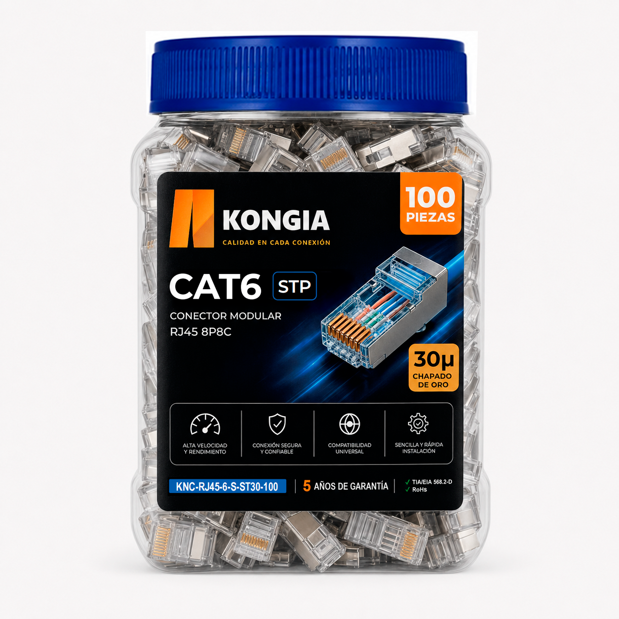 Bote con 100 piezas de conector modular RJ45 CAT6 STP, Chapado de oro a 30 micras