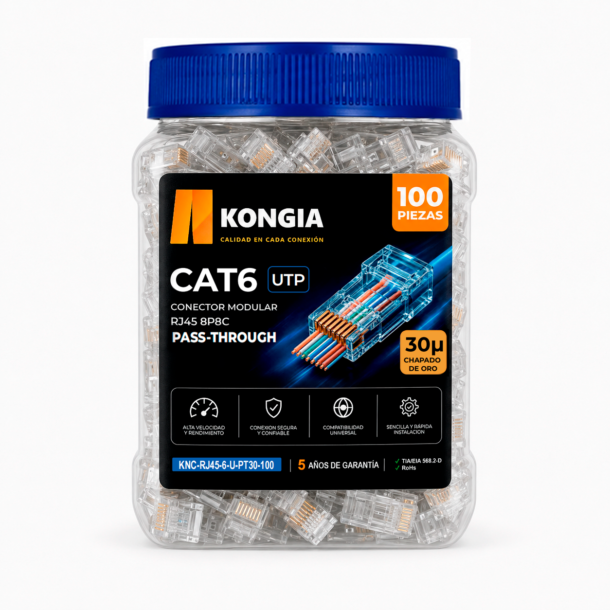 Bote con 100 piezas de conector modular RJ45 CAT6 UTP Pass Through, Chapado de oro a 30 micras