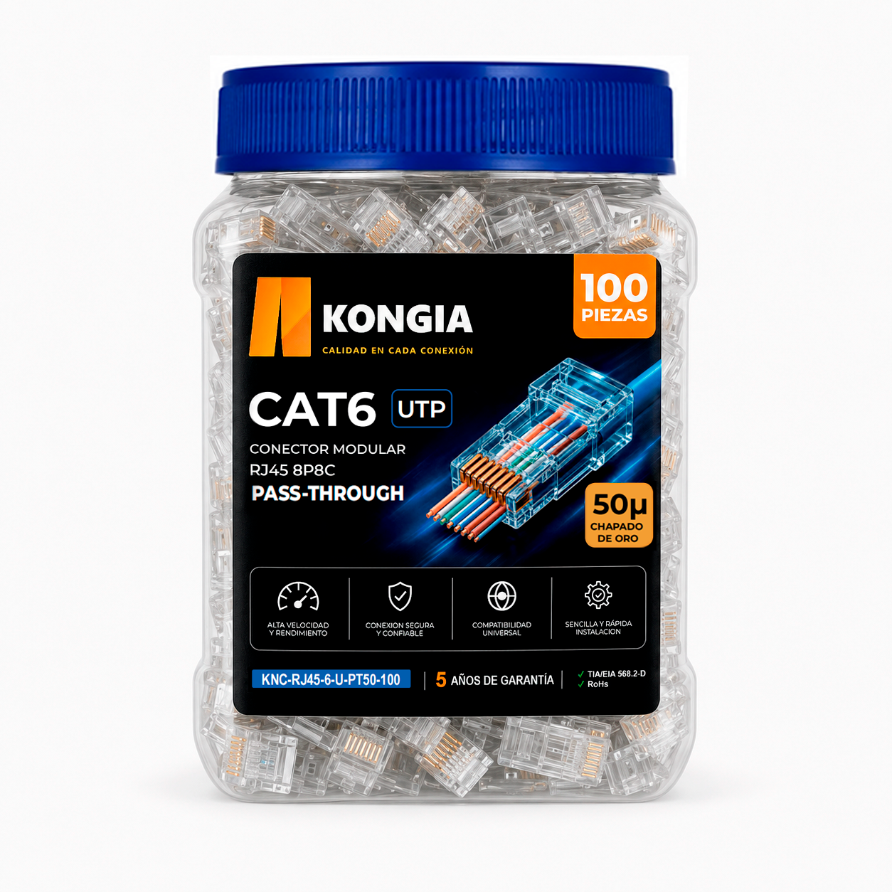 Bote con 100 piezas de conector modular RJ45 CAT6 UTP Pass Through, Chapado de oro a 50 micras