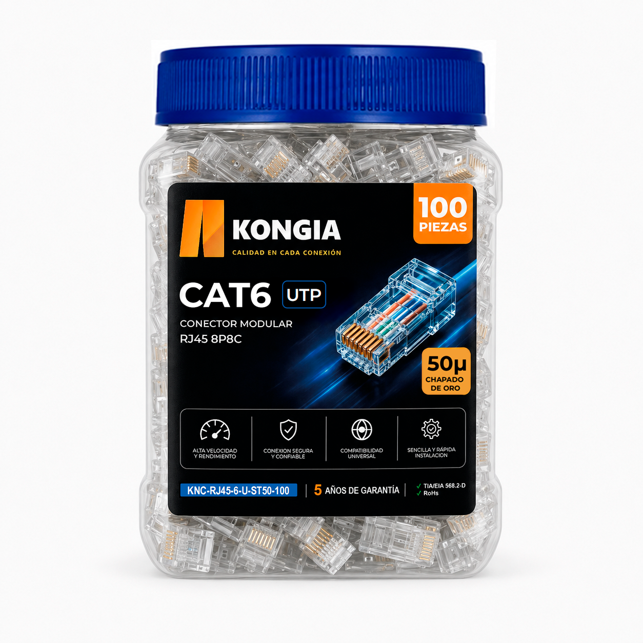 Bote con 100 piezas de conector modular RJ45 CAT6 UTP, Chapado de oro a 50 micras