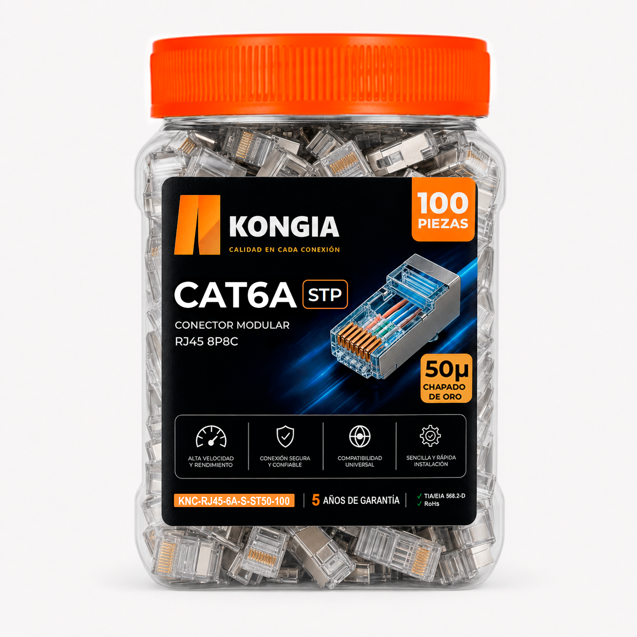 Bote con 100 piezas de conector modular RJ45 CAT6A STP, Chapado de oro a 50 micras