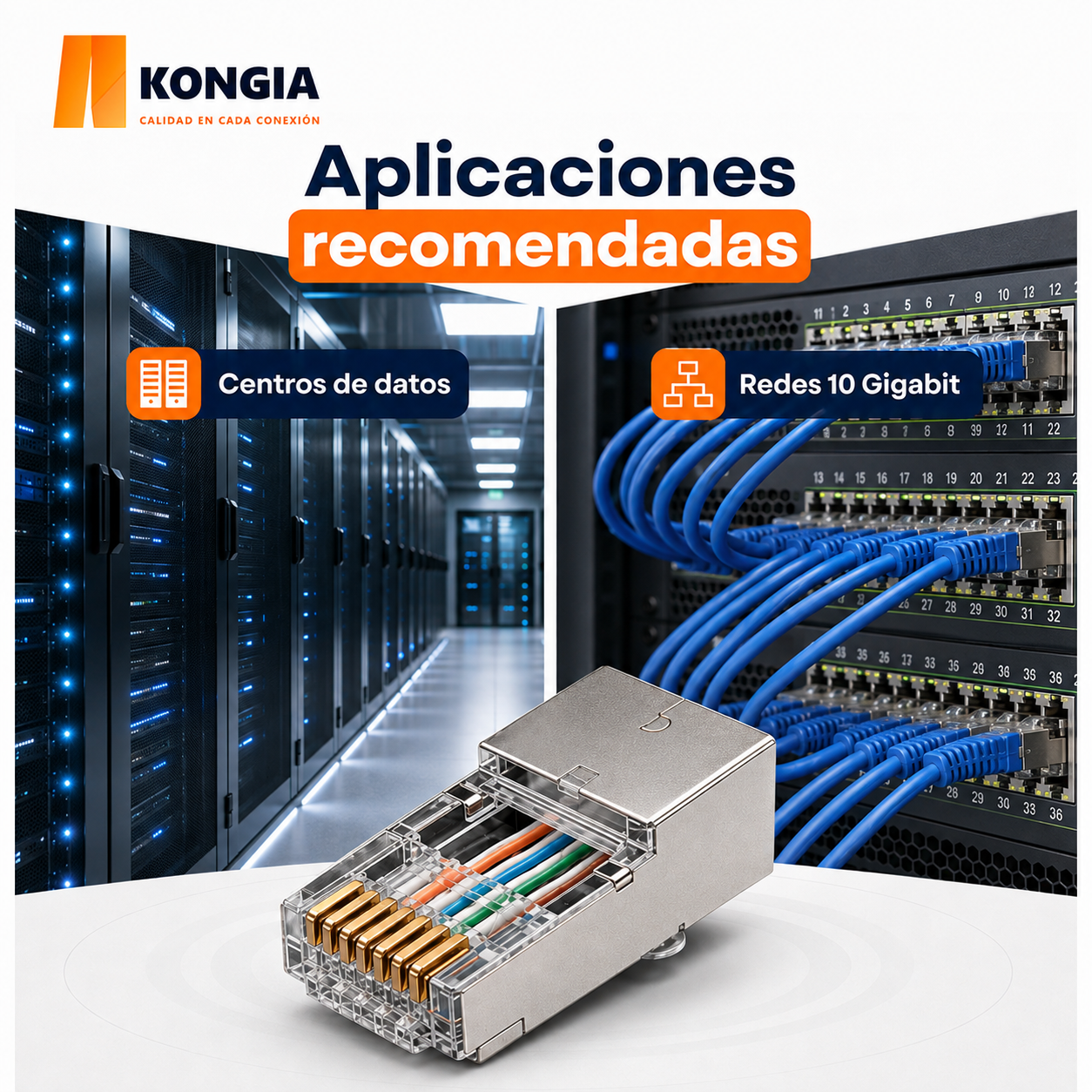 Escenarios de uso - Bote con 100 piezas de conector modular RJ45 CAT6A STP, Chapado de oro a 50 micras