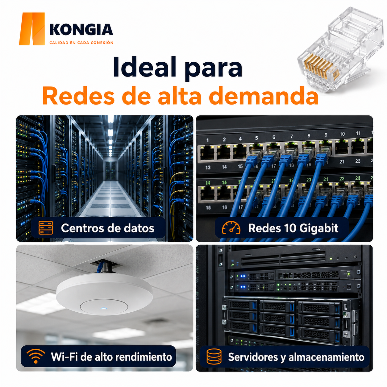 Escenarios de uso - Bote con 100 piezas de conector modular RJ45 CAT6A UTP, Chapado de oro a 50 micras